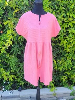 Pink Women's House Dress Swim Coverup Loungewear Pocketed Zipper Front